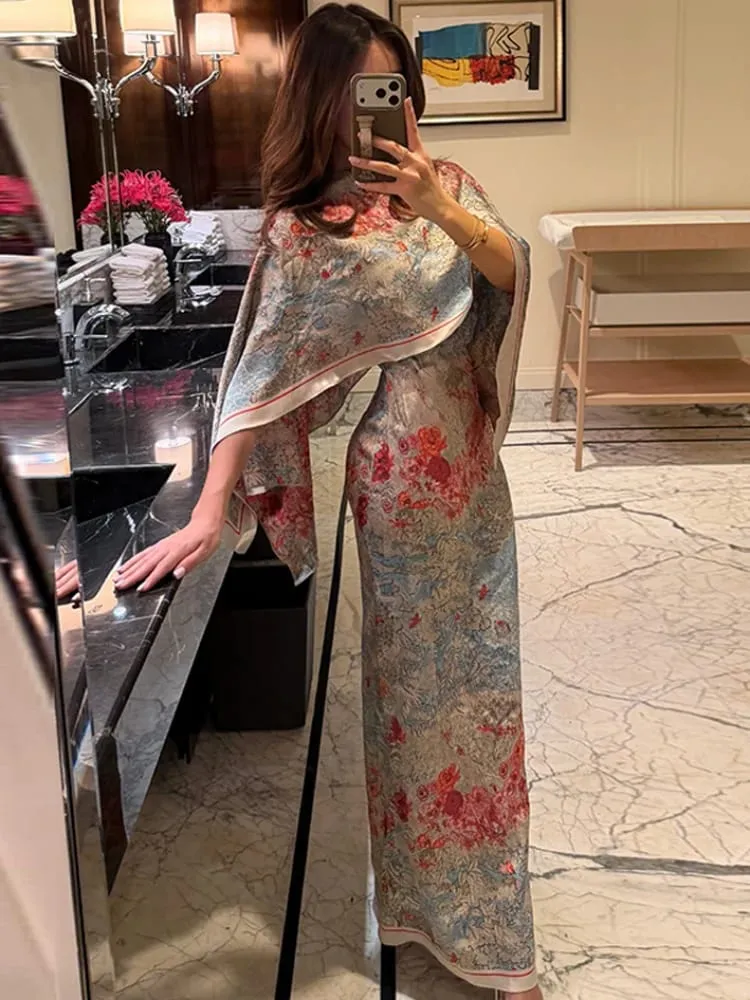 Vrouwen Tropische Bladprint Cape Tweedelige Set Batwing Losse Top Hoge Taille Maxi Jurk 2026 Zomer Mode Vakantie Casual Pak