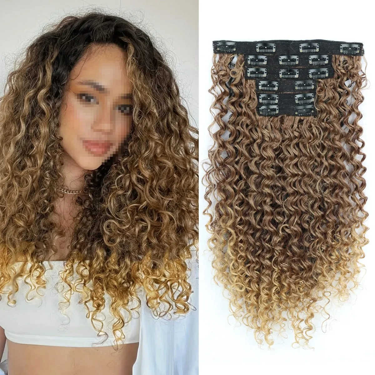 Synthetic 16 Clip In Hair Extensions Kinky Curly Fluffy Black Blonde Full Head Fake Pieces Hair Extensions For Black Women