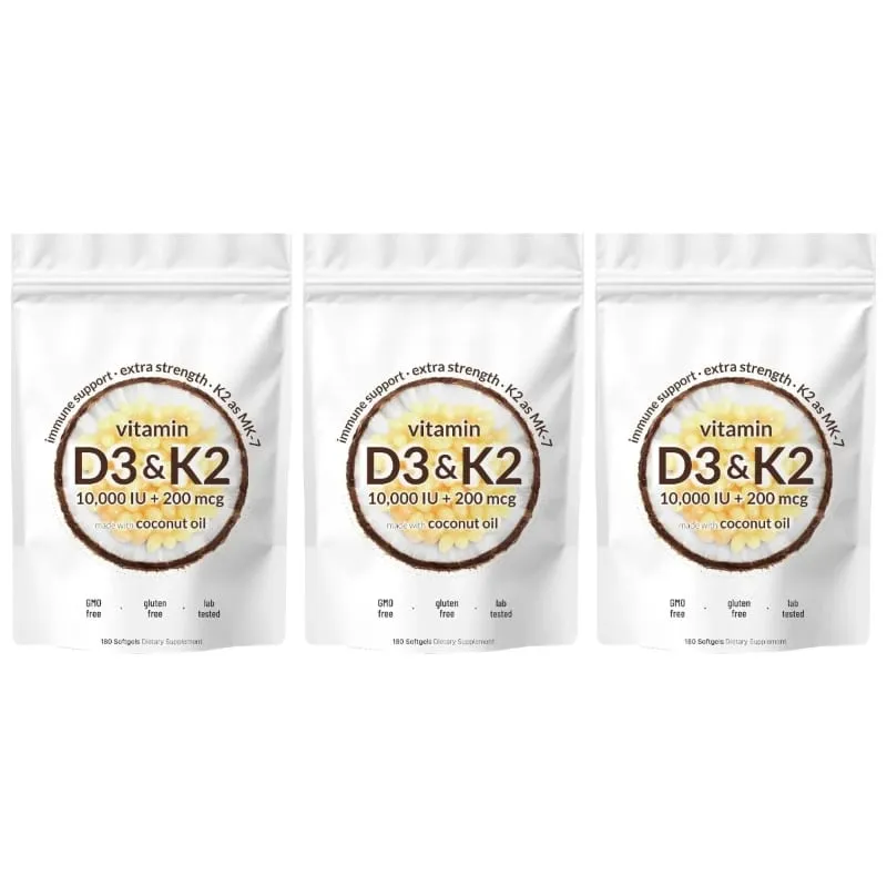 Vitamin D3 K2 Softgels with MK-7 and Coconut Oil 10 000 IU + 200 Mcg Adult Bone and Immune Wellness Support 180 Mini Softgels