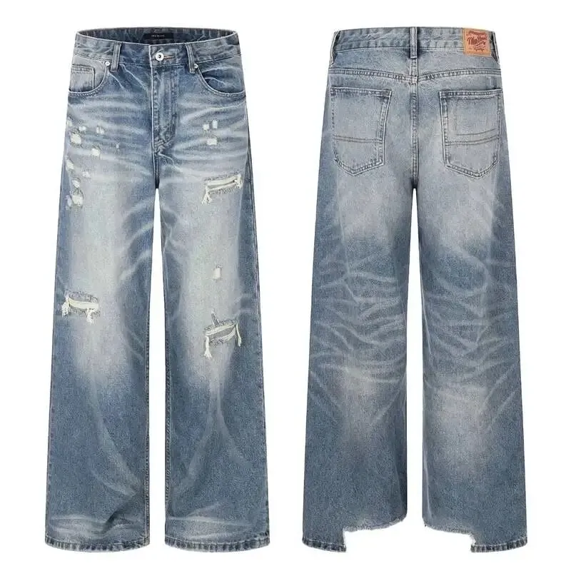 Retro Men's Washed Blue Jeans Distressed Straight Leg High Waist Loose Casual Wide Leg Denim Long Pants Fashion New 9X3258