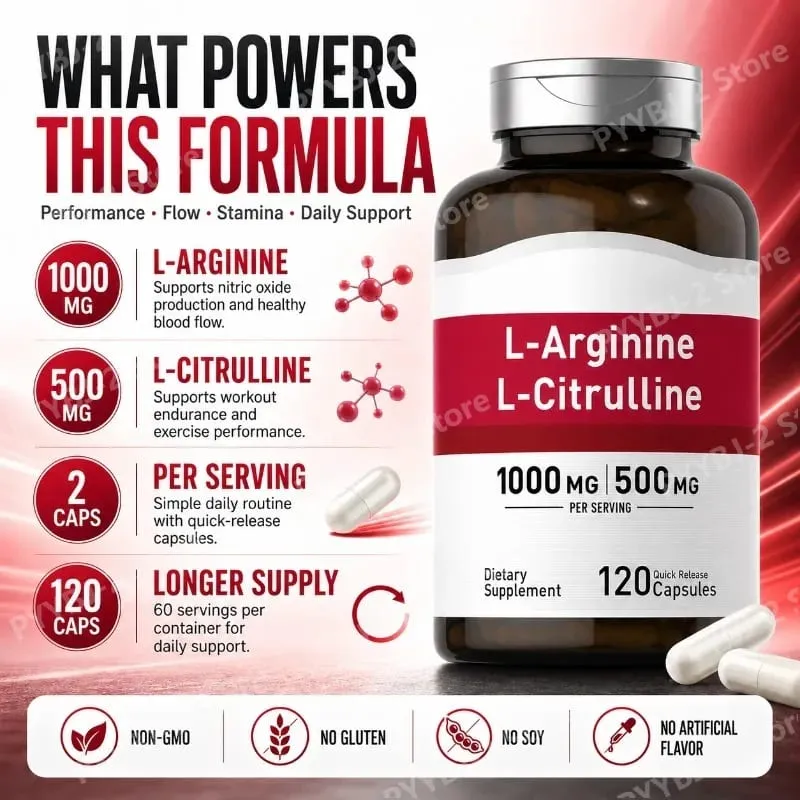 Cápsulas de suplemento de aminoácidos com contagem de 120 fornecem energia e suporte para uma vida saudável com 1000 mg de L-Arginina e 500 mg de L-Citrulina
