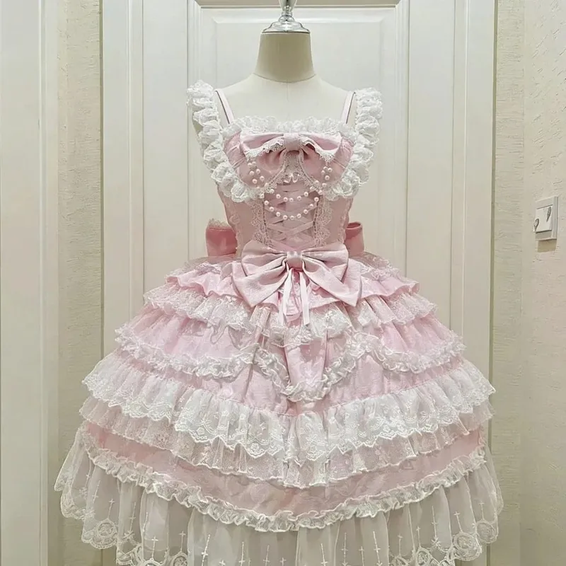 Cosplay Clothing Girls Vintage Elegant Holiday Party Dress 2026 Summer Lolita Strap Dress Japanese Sweet Kawaii Style Y2K Lace