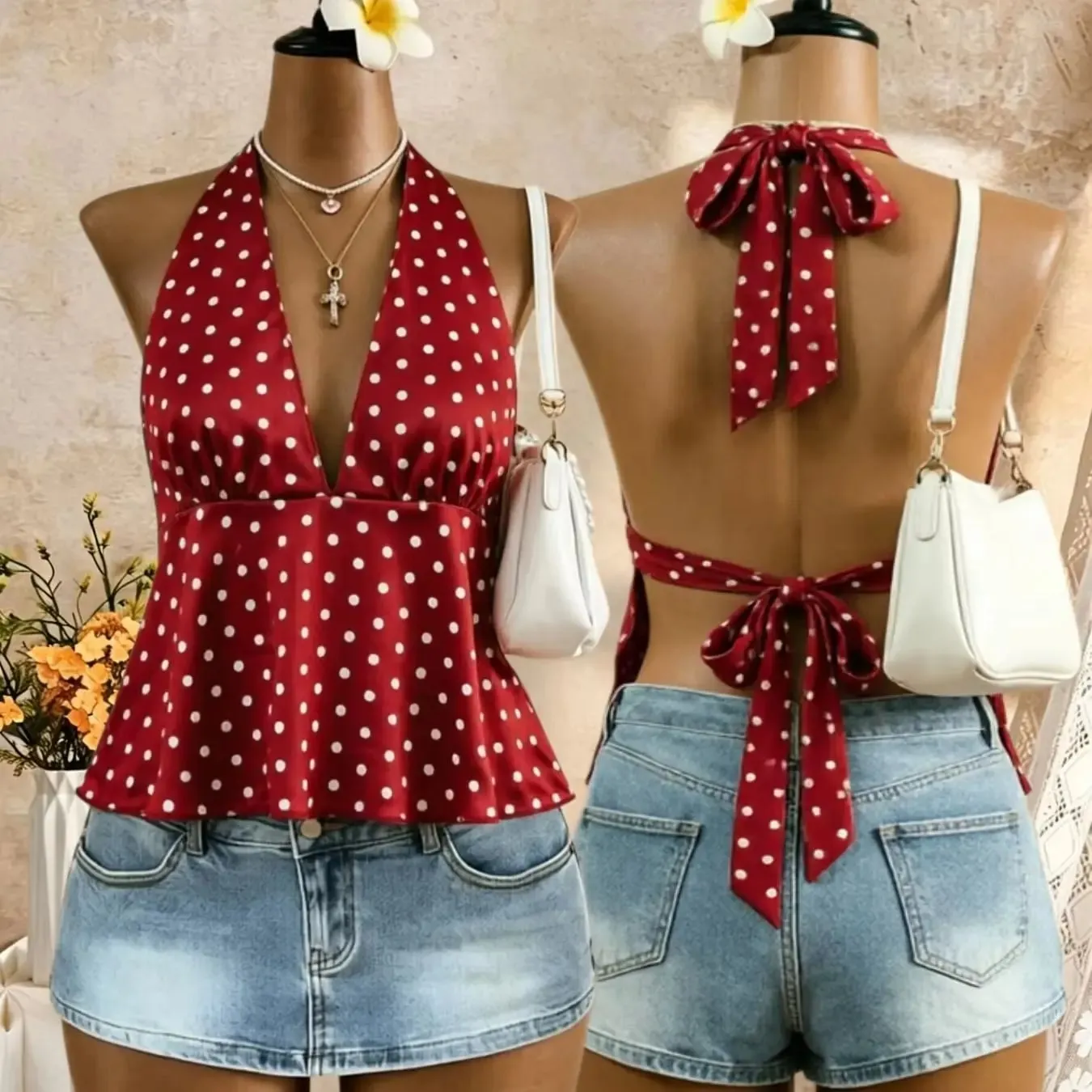 Women Halter Deep V Neck Polka Dot Back Tie Bow Peplum Cami Top 2026 Summer Y2K Red Retro Satin Open Back Flared Sleeveless Swin