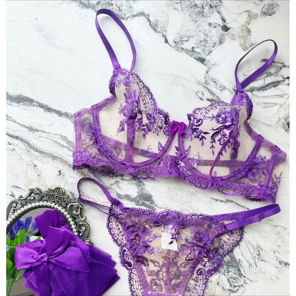 Sexy Transparent Lace Bra French Embroidery Thin Push‑Up Gather Bra For Men Crossdresser Sheer Lingerie Underwear