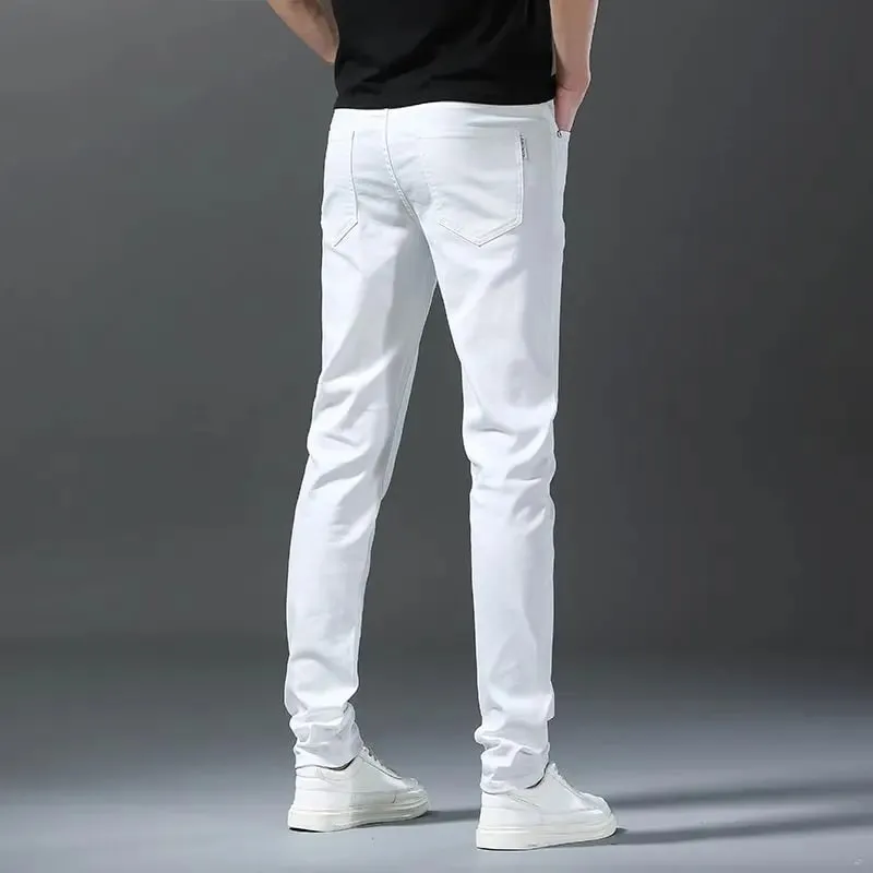 Mens Straight Elastic Waist Jeans 2025 Autumn Winter Fashion Brand Comfortable Versatile Pants Slim Fit White Jeans High Street
