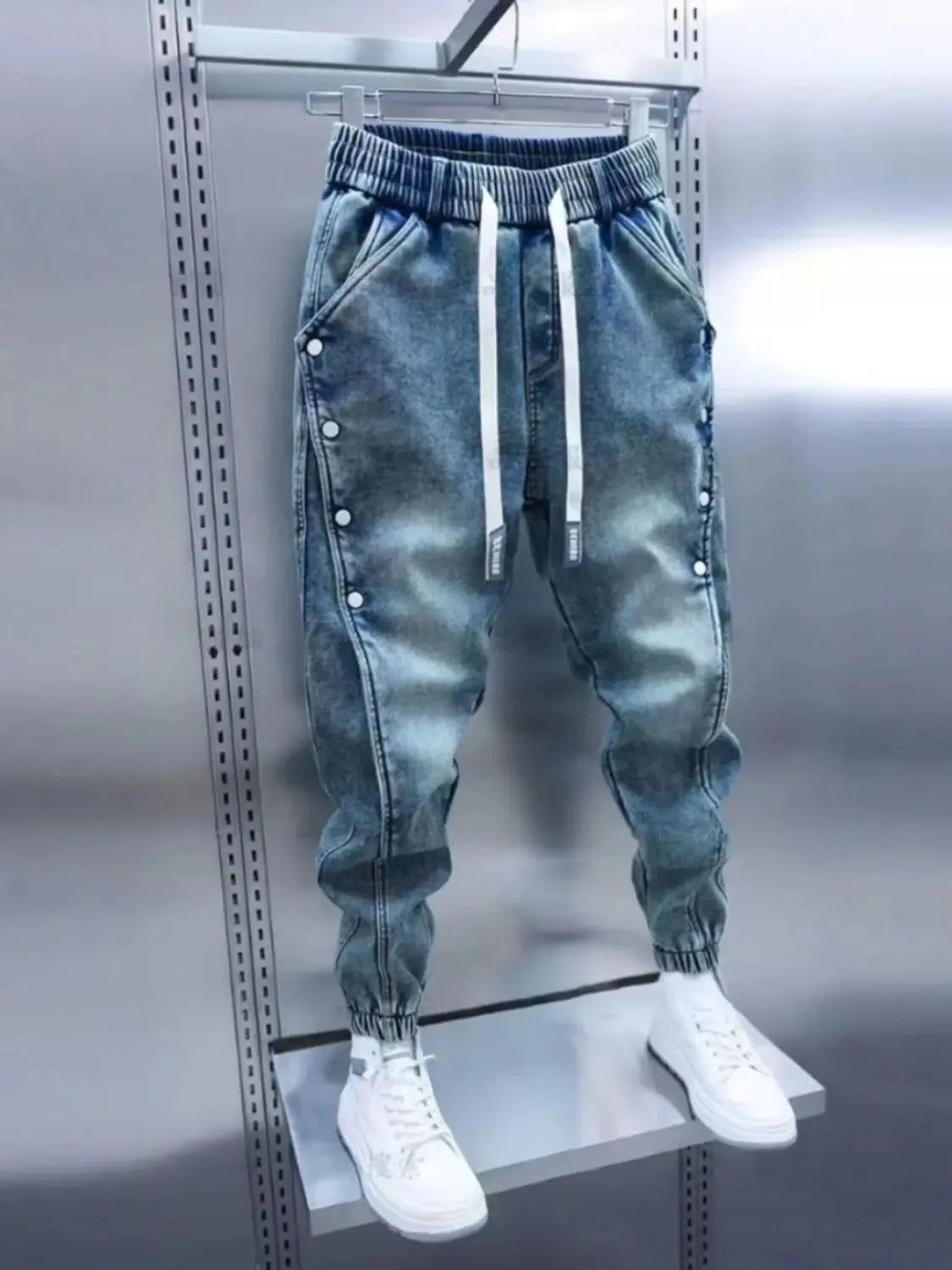 Drawstring Menswear Clothing Handsome Spring New Men's Jeans Korean Elastic Waist Buttons Decorative Fashion Harlan Pants Men