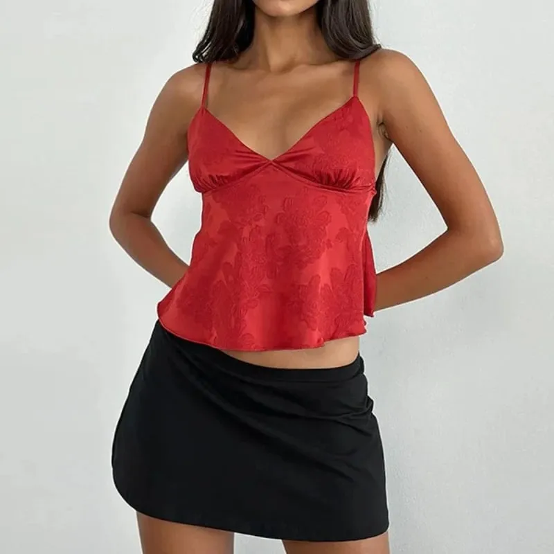 Women Satin Camisole Sexy Deep V Crop Top Fashion Streetwear Camis Summer Slim Casual Tank Top Sleeveless Backless Spaghetti Top