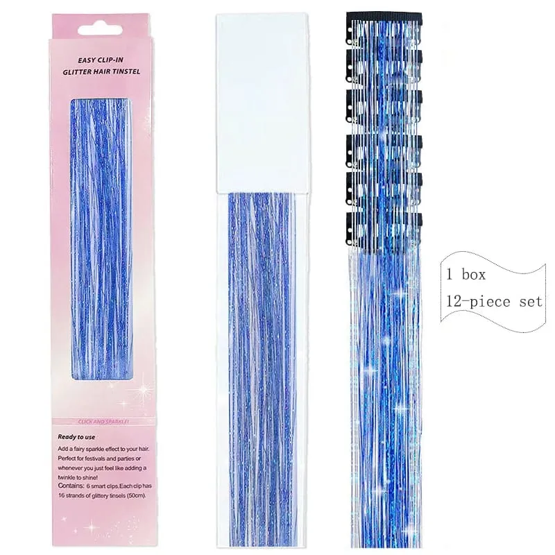 20 Inch Synthetic Hair Extensions -12 Piece Set of Colorful Glitter Hair Accessories Suitable for Girls' Party Birthday Gifts