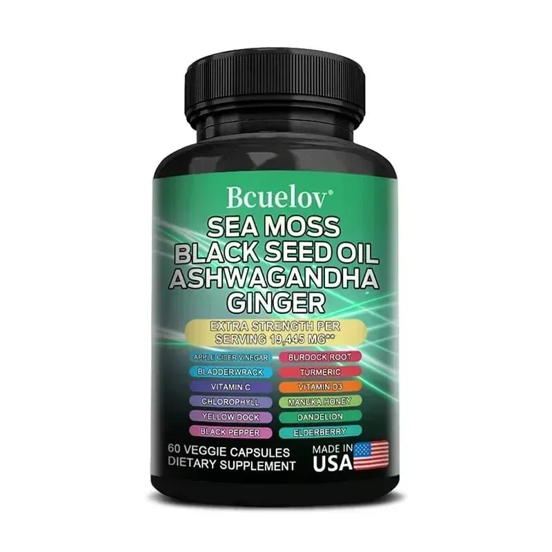 All in One Supplement with Sea Moss Black Seed Oil Ashwagandha Ginger Enhanced Immunity & Energy 120 Capsules