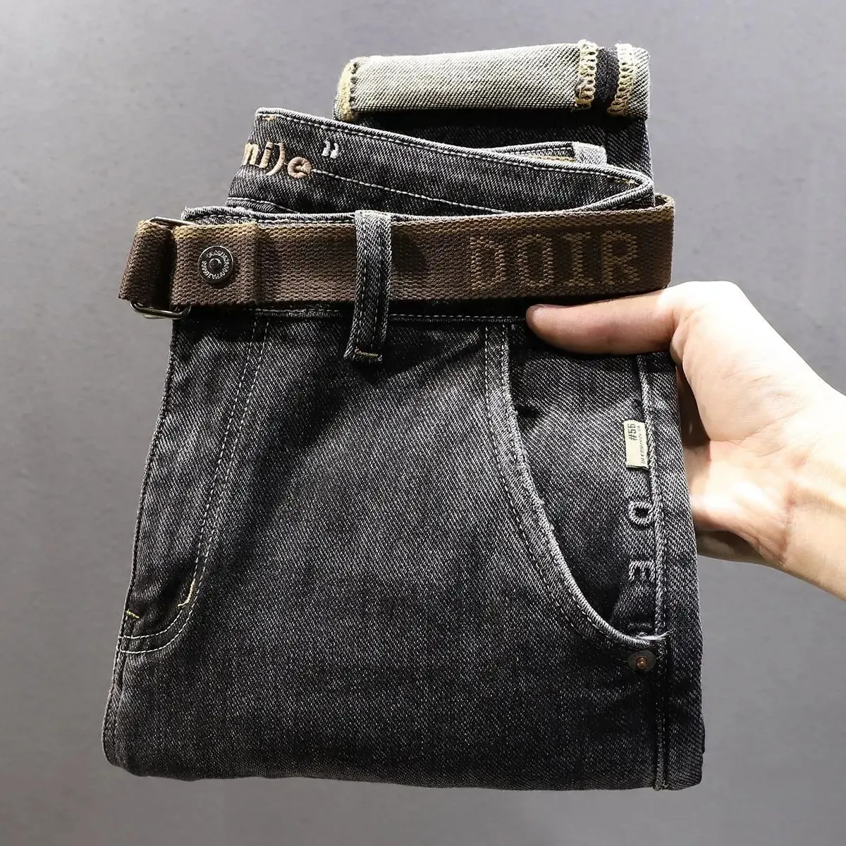 Embroidery Slant Pocket Jeans Men's Trendy Brand Embroidery Slim-fit Elastic Small Straight Blue Fashion Casual Trousers Men