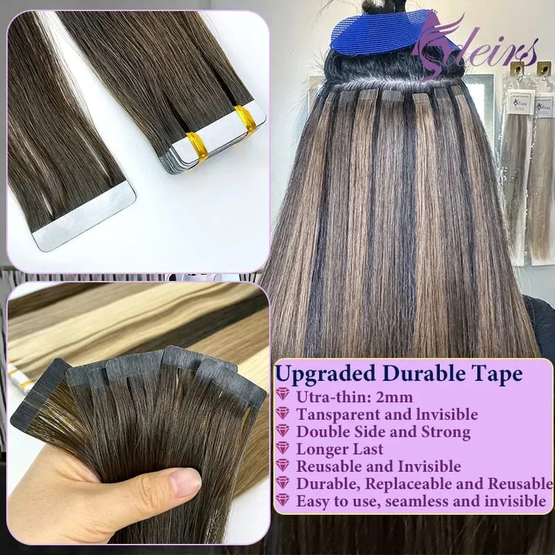 Fita em extensões de cabelo remy cabelo humano em linha reta 100% real natural fita de cabelo invisível macio 16 "-24" preto marrom loiro