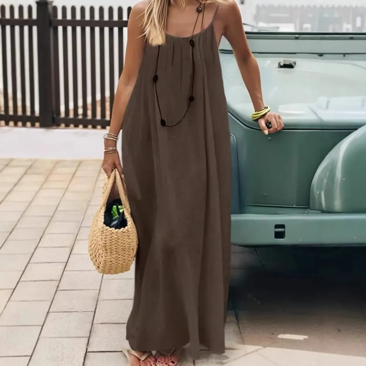 Women's Loose Sundress Sexy Backless Lace Up Slip White Linen Homewear Long Maxi Party Dresses OUFY-20260409001 — image 2