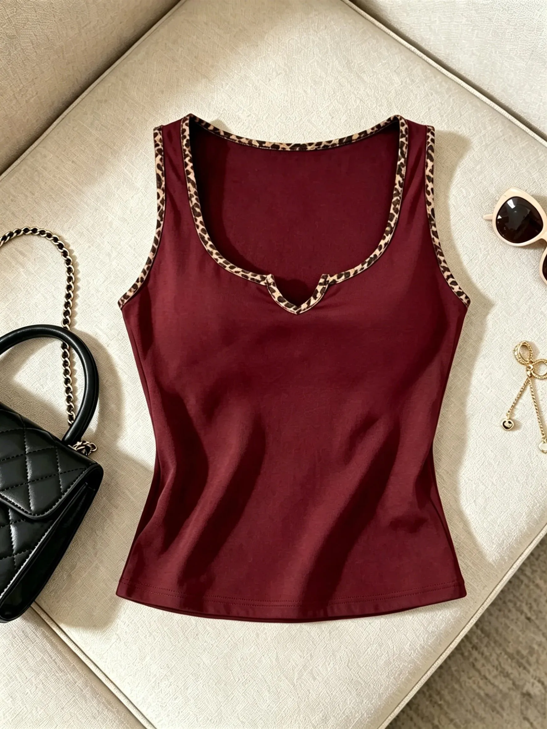 Women Solid Color Tank Top Casual Notched V Neck Form Fitting Sleeveless Cami Top