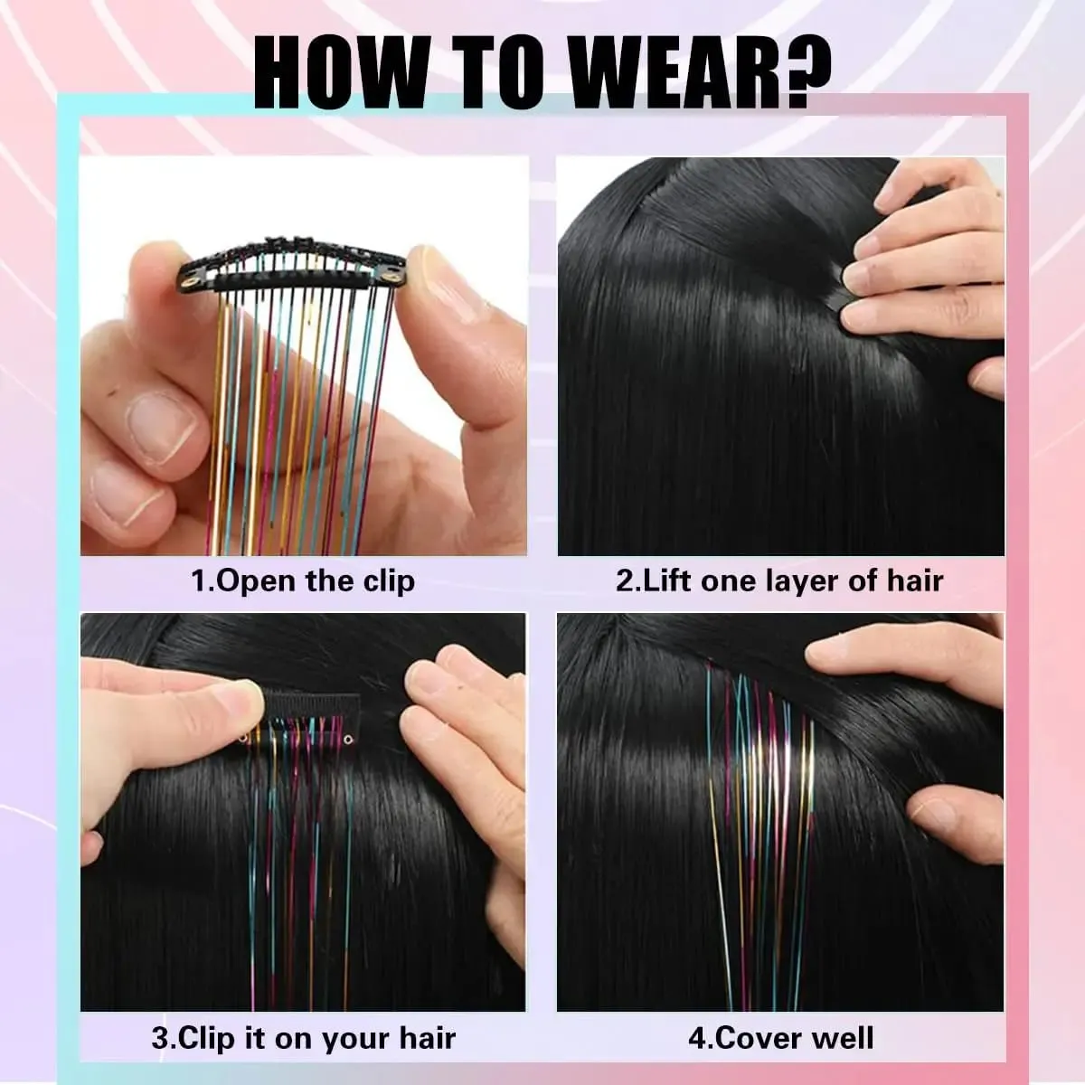 Synthetic Hair Clips in Glitter Tinsel Hair Extensions 20 Inch 6 PCS/Set Heat Resistant Sparkle Clip in Hair for Girls Women
