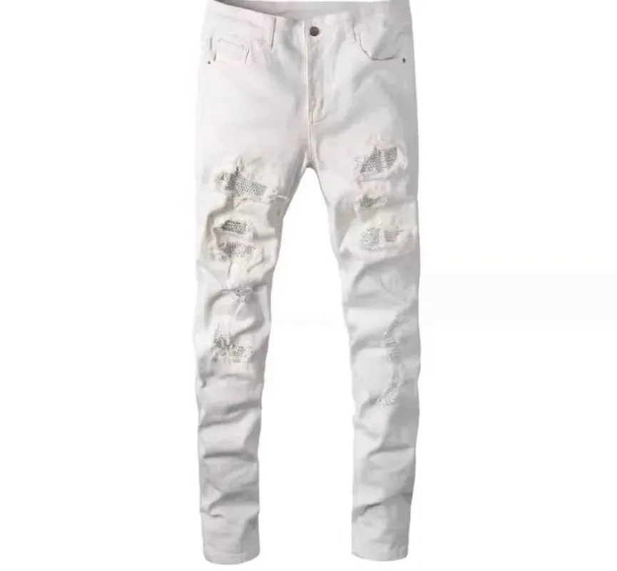 Diamond-encrusted Washed Ripped Patch Patchwork Hot Diamond Jeans Beggar Pants Men