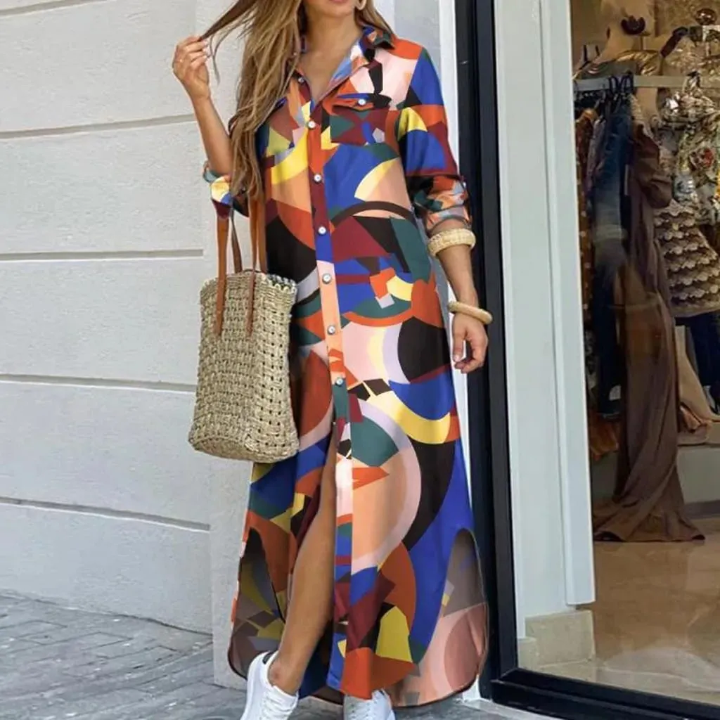 Robe longue en Denim pour femmes, manches longues, chemise, avec poches, boutons, imprimée, décontractée, ample, nouvelle collection automne 2023