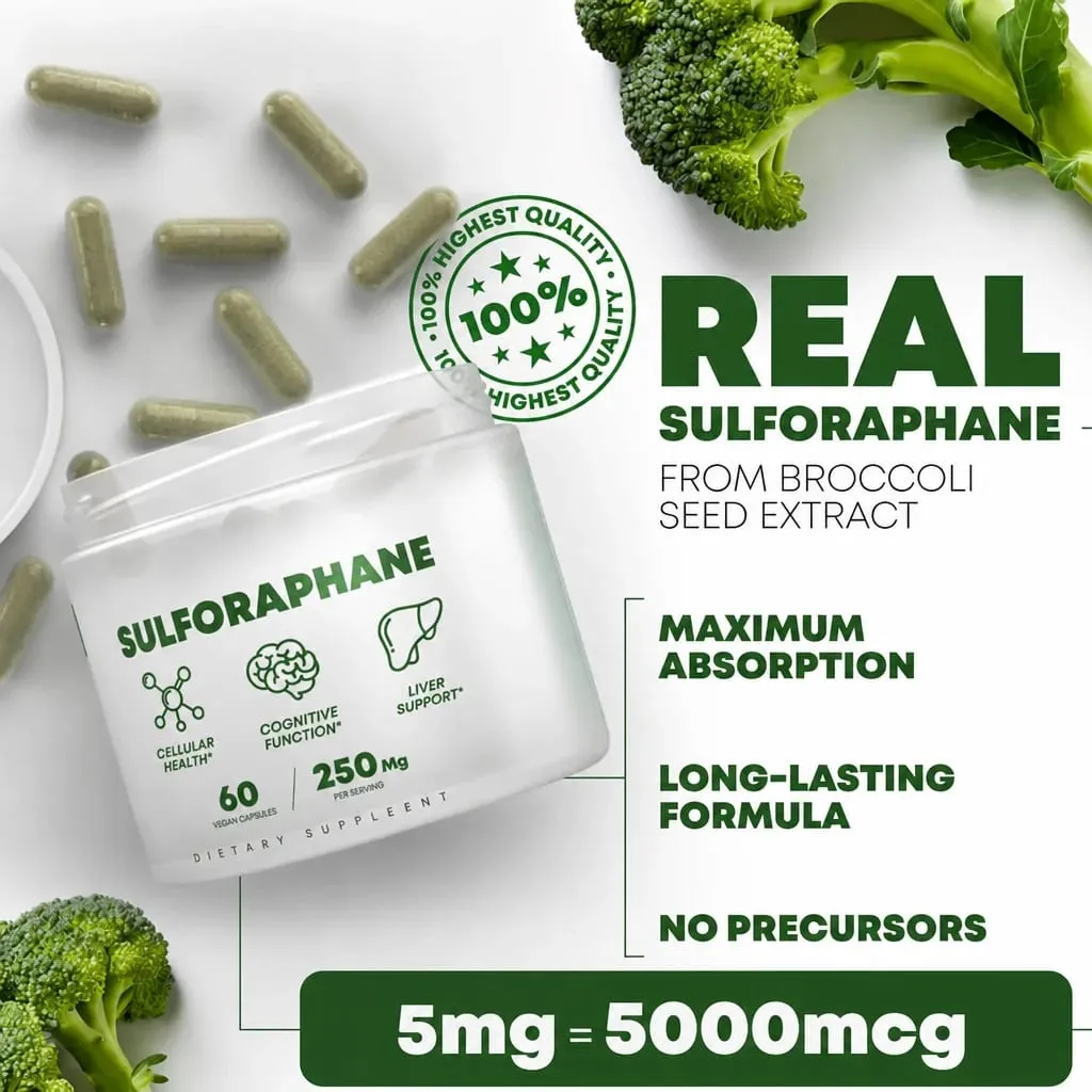 5 000mcg Sulforaphane From Broccoli Seed Extract Vegan Capsules with Myrosinase Immune Support 2-Capsule Serving 60 Count