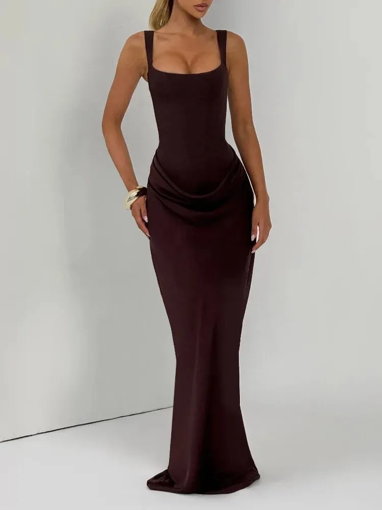 Elegant Solid Corset Sling Pleated Dress Women Brown Sexy Sleeveless Off Shoulder High Waist Maxi Dresses 2025 Lady Party Gown