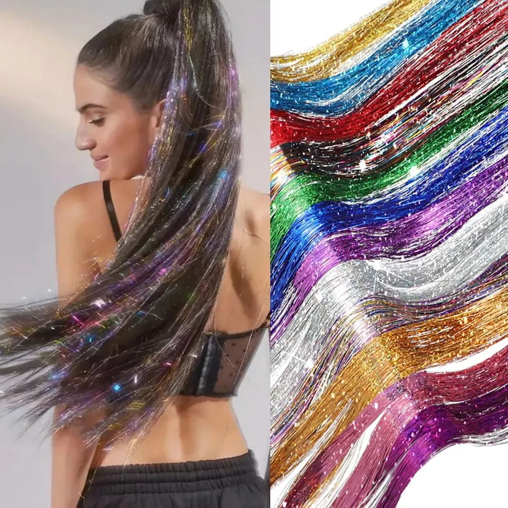 Rainbow Colored Sparkle Synthetic Hair Tinsel 36/48 Inch Girls Headwear Laser False Hair Extensions Glitter Decor Strands