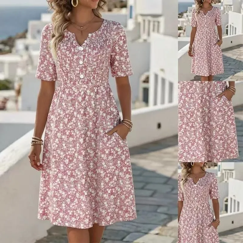2026 New Summer Floral Print V Neck Midi Dress Short Sleeve Dresses For Women Retro Casual Button Pocekts Ladies Dress Vestidos
