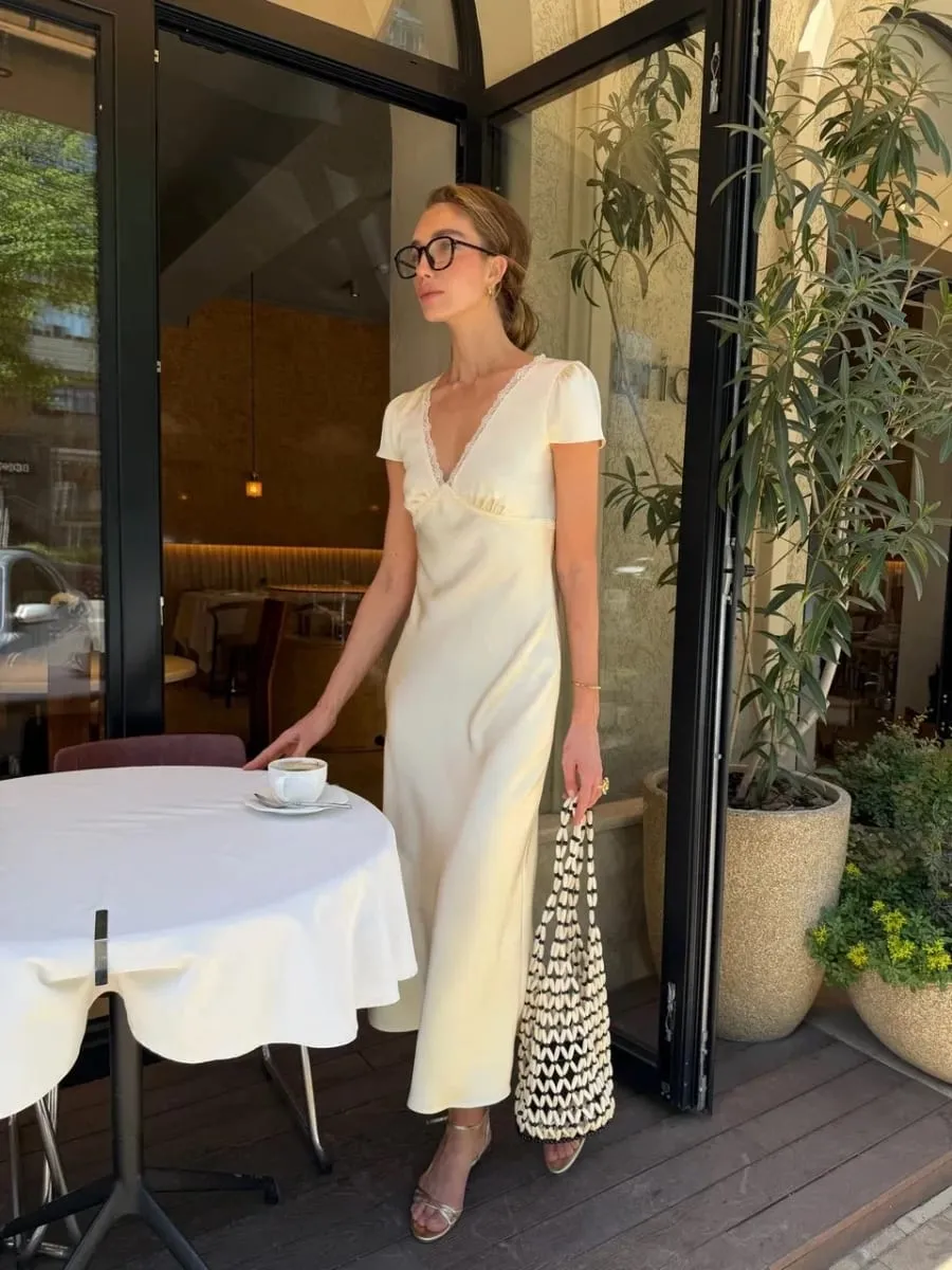 Chic Satin Lace Trim Midi Dress For Women Solid Patchwork Short Sleeve V-neck Summer Dresses 2026 Elegant Summer Holiday Gown