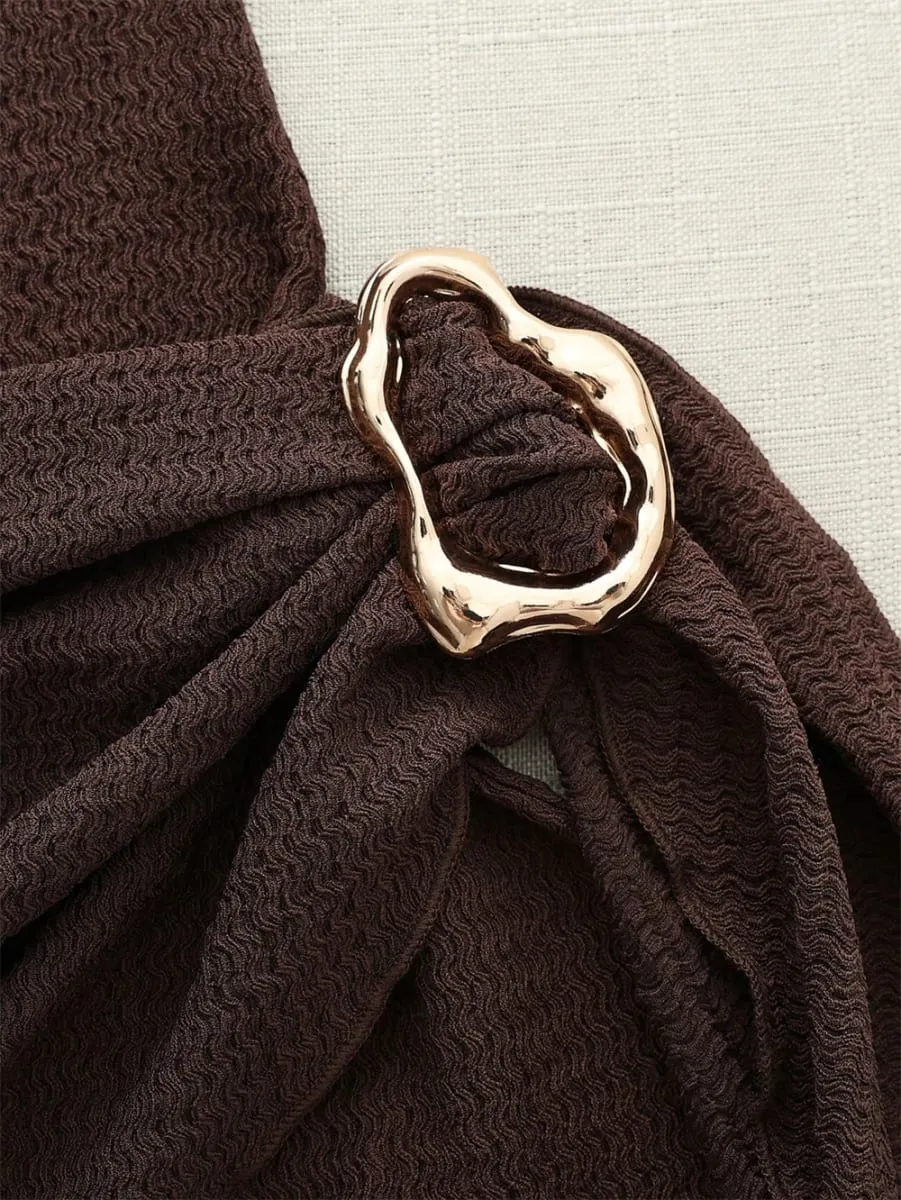 Kvinders elegant tekstur Stof plissering talje Sice-bånd Slim Fit Minikjoler Casual Metalspænde Ensfarvet Kjole Sommer — image 3