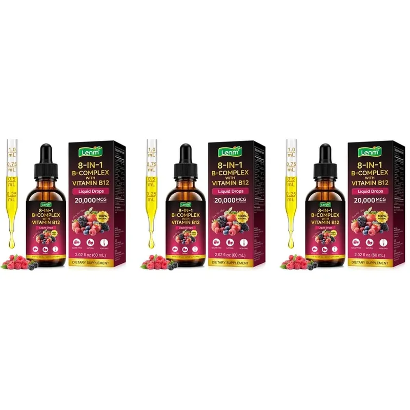 Lenm Vitamin B12 B-Complex Liquid Drops 8-in-1 Supports Nervous System Immune Health and Daily Energy 60 ML Sugar-Free Non-GMO