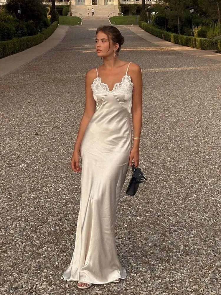 Women Sexy V-neck Satin Sling Maxi Dress Chic White Lace Patchwork Sleeveless Backless Slim Gowns Summer Evening Party Dresses