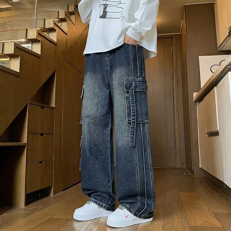 Autumn New Men's Loose Jeans Multi-pocket Work-wearing Jeans Street Hip-hop Straight Wide-leg Pants Baggy Dance Pants