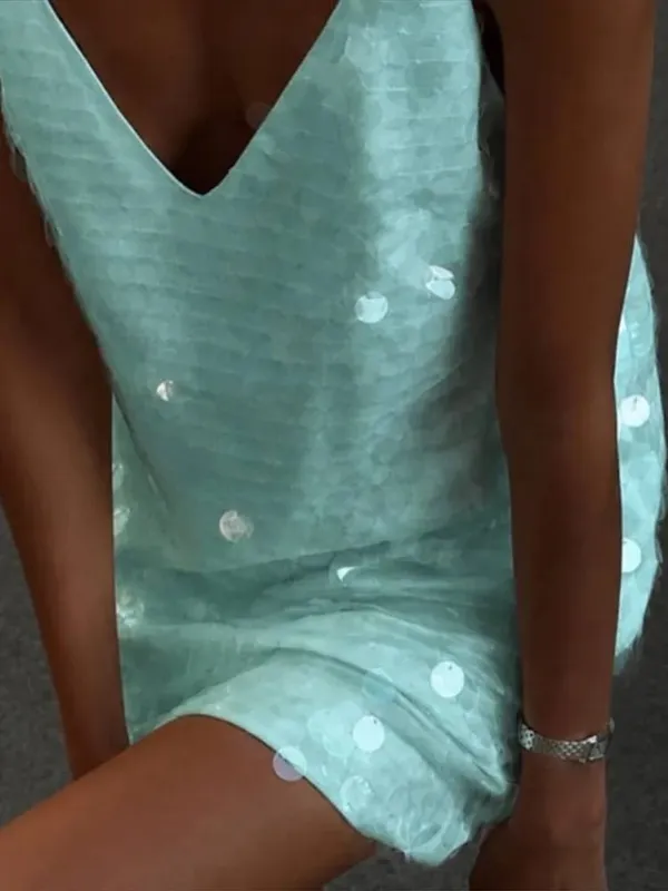 Sequined V-neck Slip Short Dress Women Sexy Spaghetti Strap Sleeveless Backless Shining Slim Dresses Charming Lady Partywear New