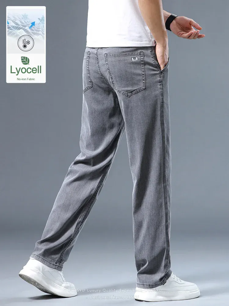 Summer Thin Men's Loose Straight Jeans Lyocell Soft Drape Business Casual Trousers Smoke Gray Ice Silk Pants Plus Size 40 42