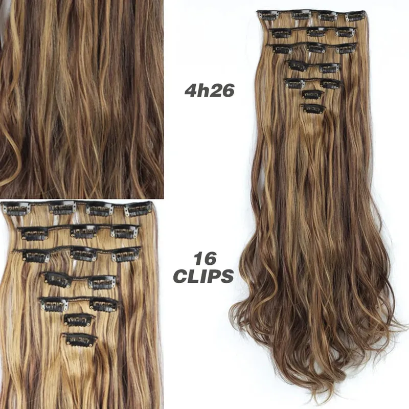 Synthetic 7Pcs/Set 22" Wavy Hairpiece Straight 16 Clips Hair Extensions Heat Resistant Styling False Hair