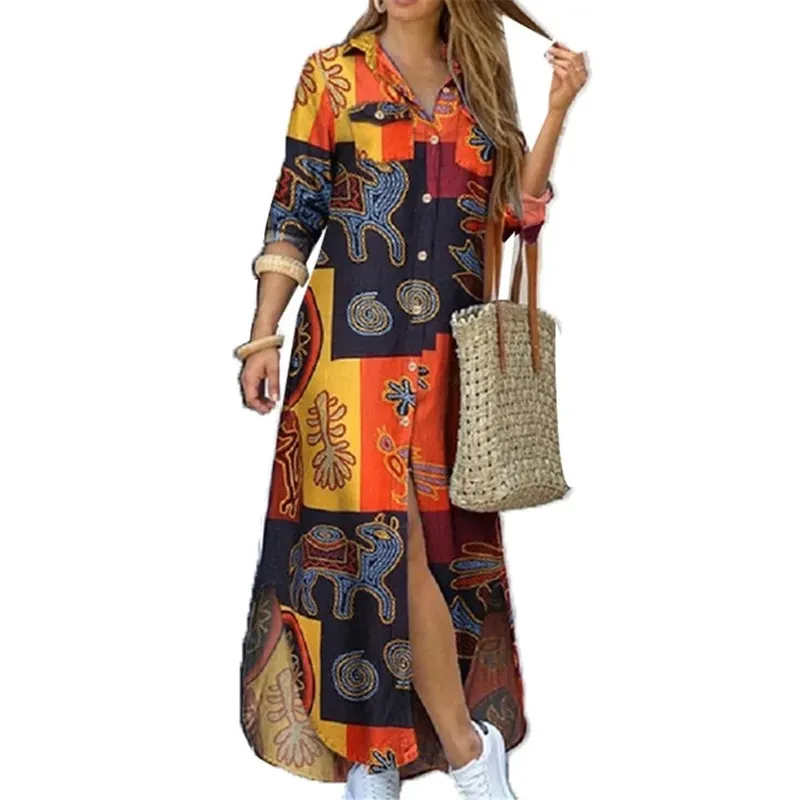 Women Dresses Fashion Sexy Single-breasted Dress Loose Lapel Casual Women's Clothing Literary Printing Long Shirt Skirt