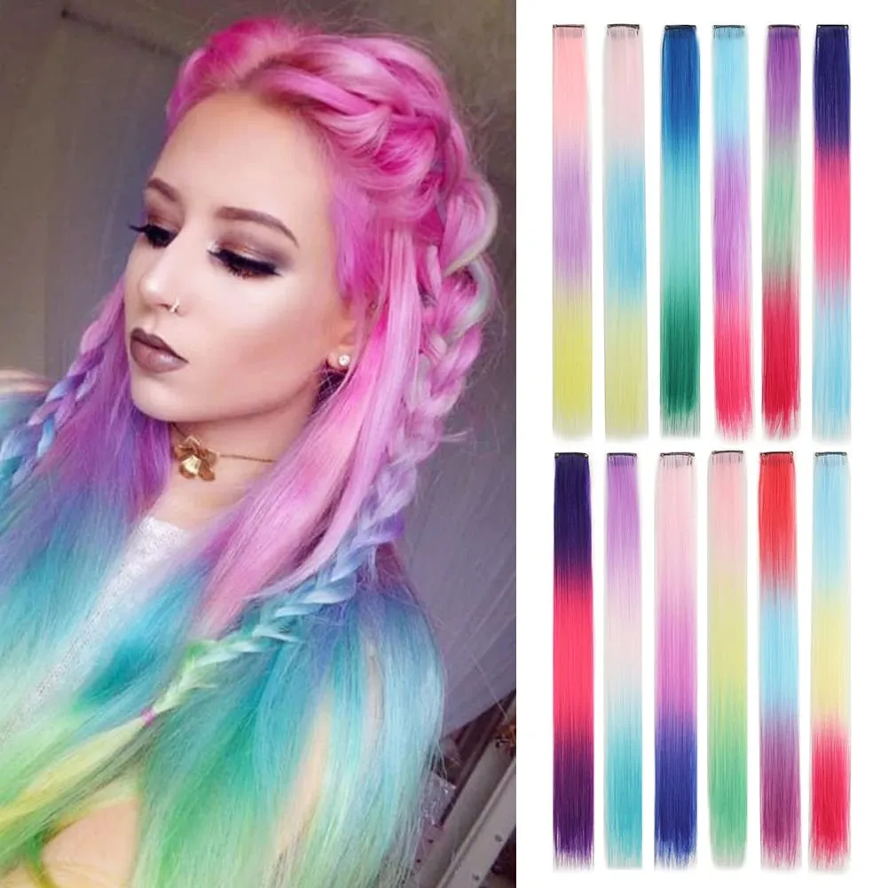 Extensions de cheveux synthétiques à clips, postiches colorées à reflets de fête pour filles, cheveux lisses multicolores de 18 pouces, 5 pièces/ensemble