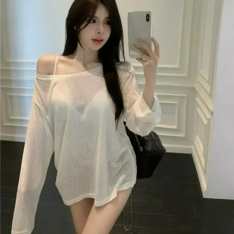 Sheer Baggy T-shirt Streetwear Off Shoulder Top Summer Sunscreen Pullover Shirt Women Loose Sheer T-shirt Long Sleeve Lazy Shirt