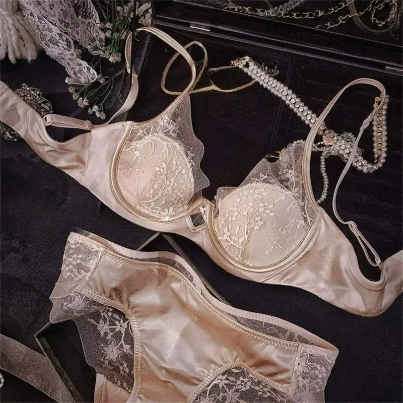 Satin Lace French Lingerie Set Women Push Up Anti Sagging Full Coverage Brassiere Soft Breathable Ladies Daily Underwear 32-38