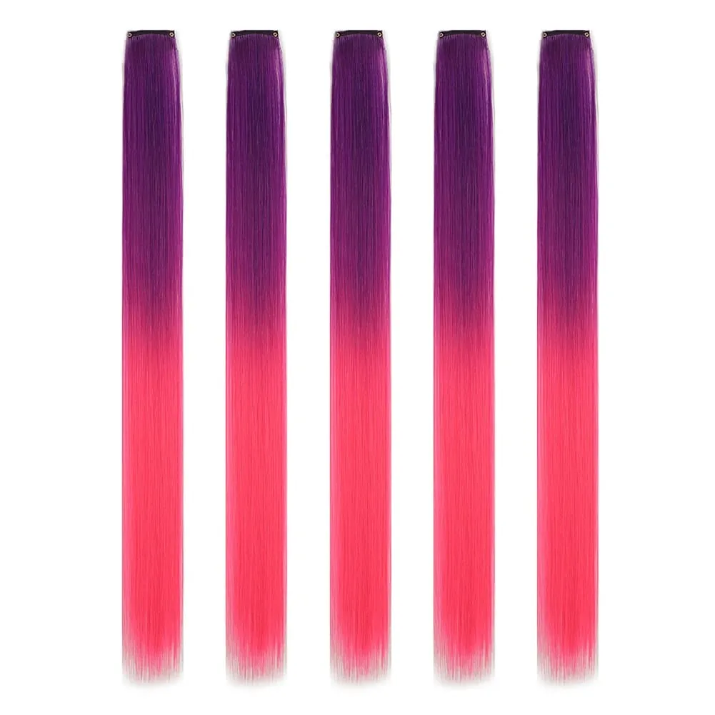 Extensions de cheveux synthétiques à clips, postiches colorées à reflets de fête pour filles, cheveux lisses multicolores de 18 pouces, 5 pièces/ensemble