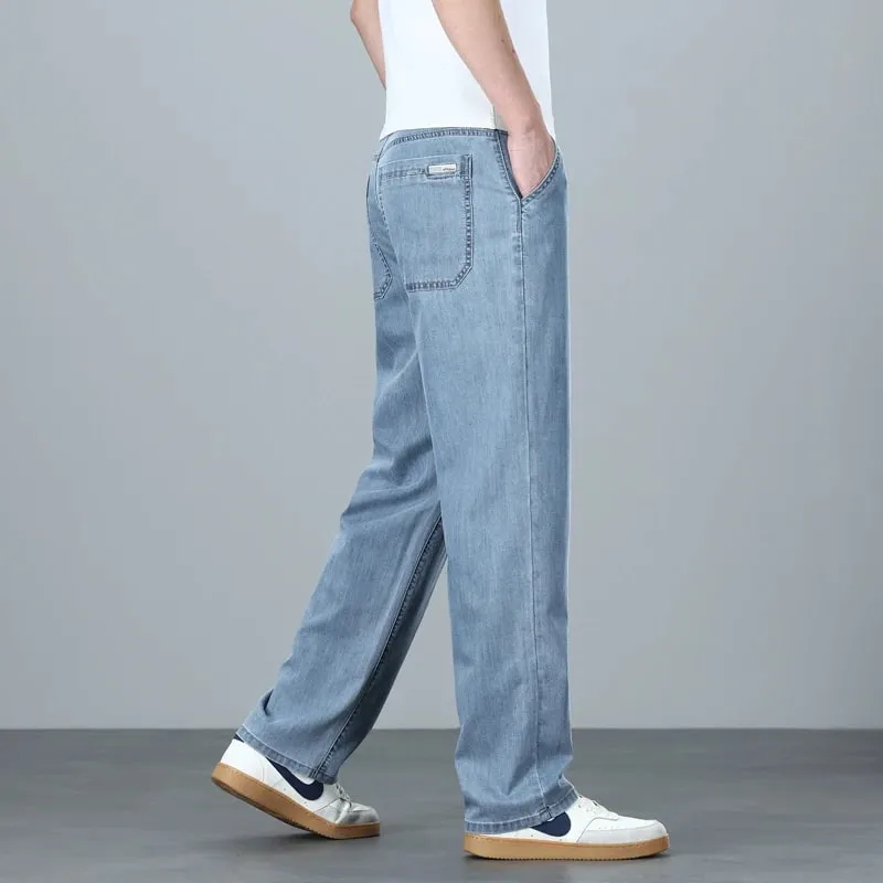High Quality Spring Summer Lyocell Men's Jeans Loose Straight Wide Leg Casual With Slant Pockets Trousers Male Plus Size 40