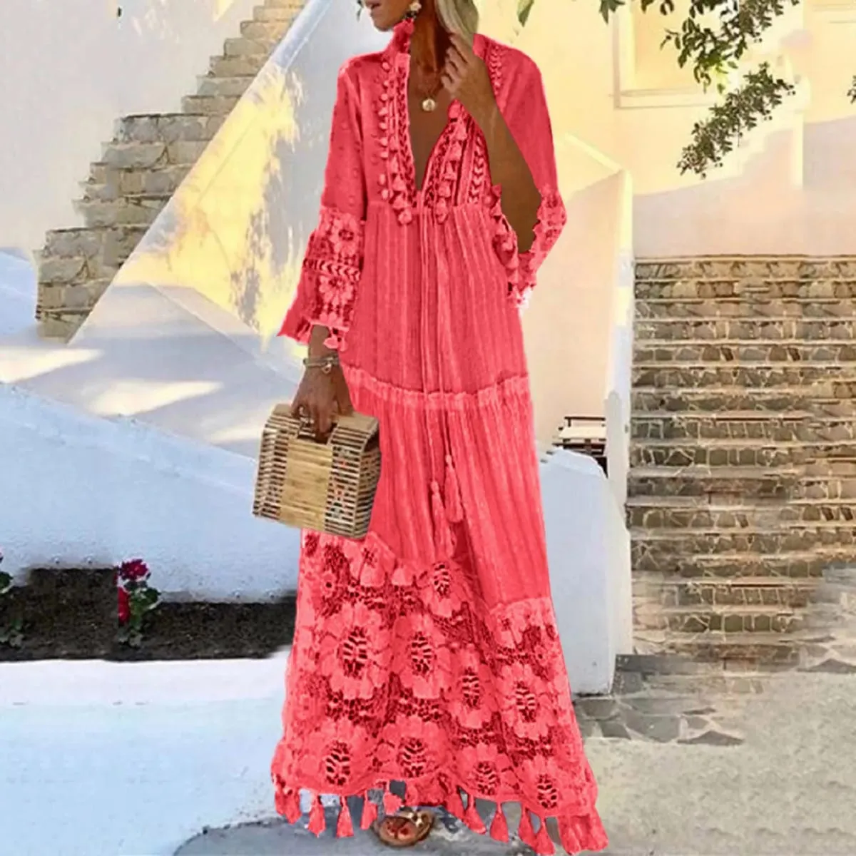 Damen Bohemian V-Ausschnitt Quaste Große Größe Freizeitkleid Frauen Spitze Solide Mode Kleid Elegante Robe Boho Urlaub Langes Kleid