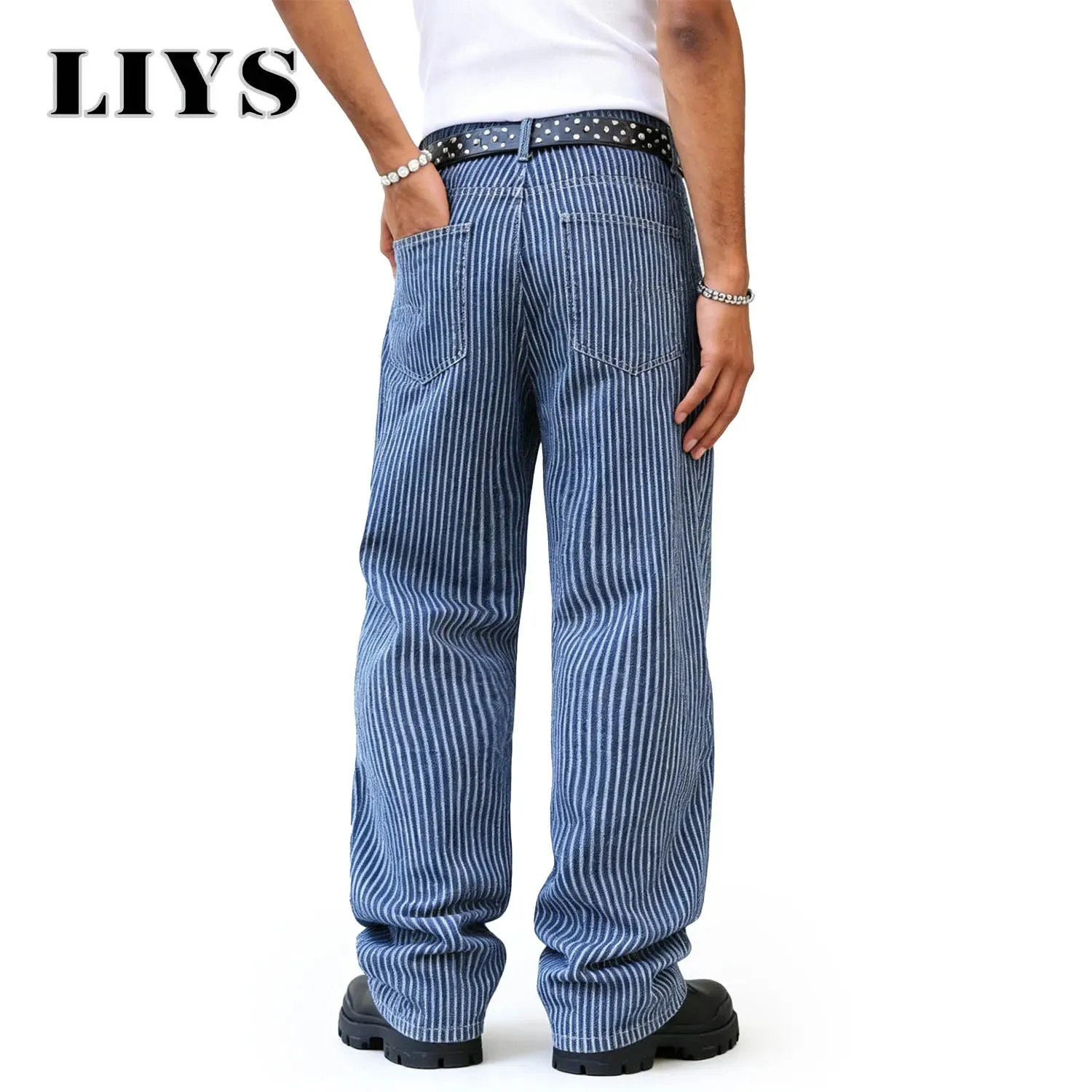 Men's American Fashion Brand Classic Retro Striped High Street Casual Lazy Business Wide Leg Straight Leg Jeans Oversized