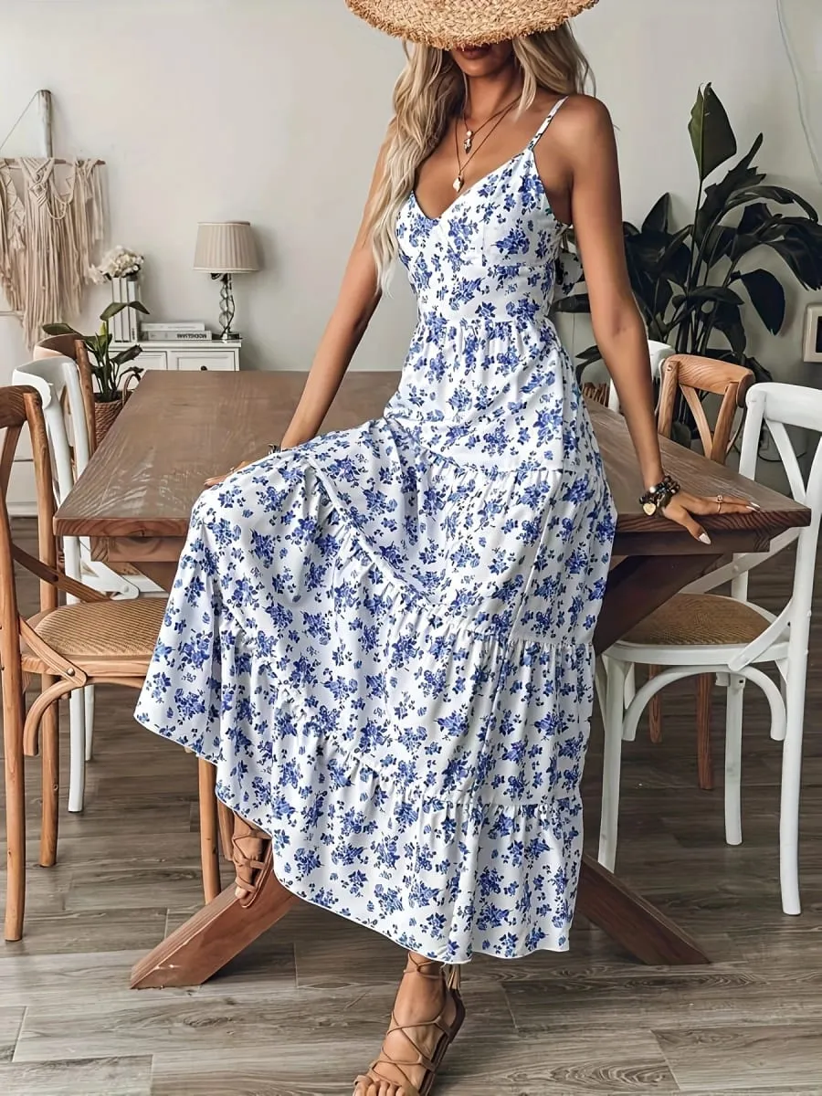 Women's Blue Floral Print Maxi Dress V-Neck Spaghetti Strap Backless Bow Tie Tiered Long Dress 2026 Summer Casual Beach Sundress