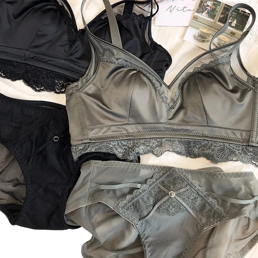 Size Thin Cotton Cup Intimates Lace Women Sexy Push Up Lingerie Sets Wireless Silky Satin Mesh Luxury Lady Underwear