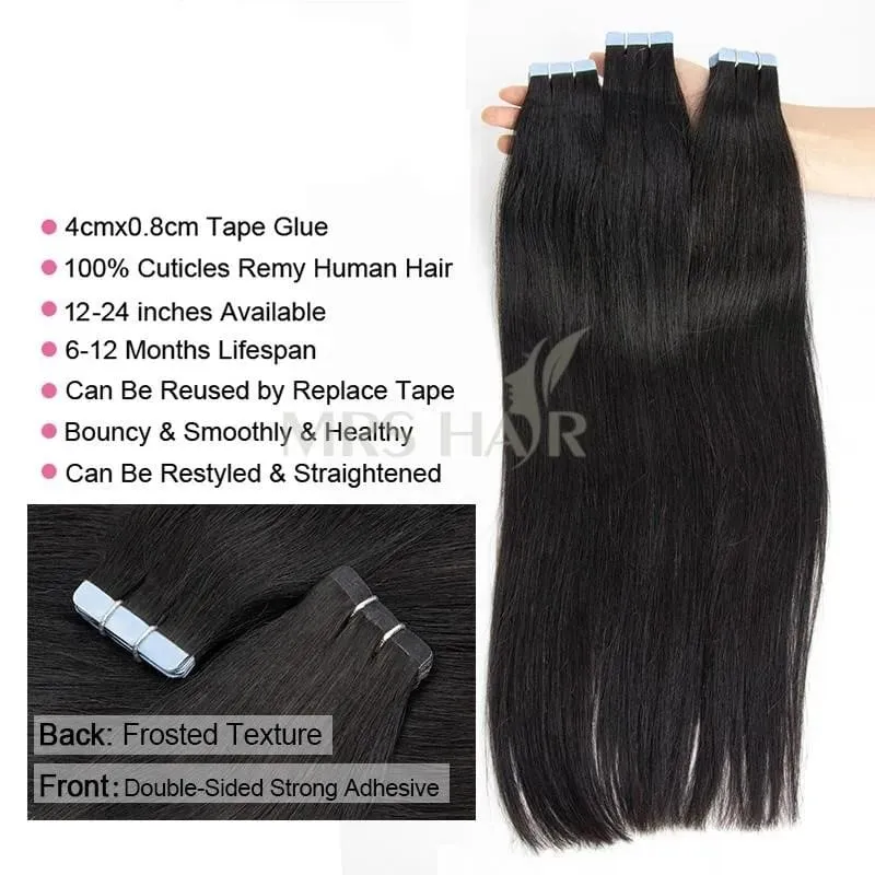 MRS HAIR Silky Straight Tape in Human Hair Extensions Remy Skin Weft Tape Hair Extension 12-26 inch 20pcs/pack 1B Natural Black