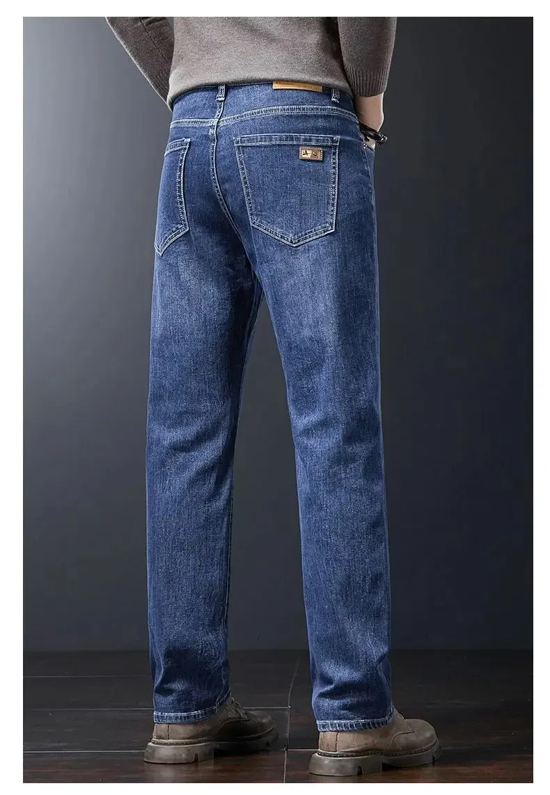Men's Soft Stretch Straight Jeans Business Casual Slim Fit Wash Denim Pants Korean Fashion Blue Gray Male Brand Trousers