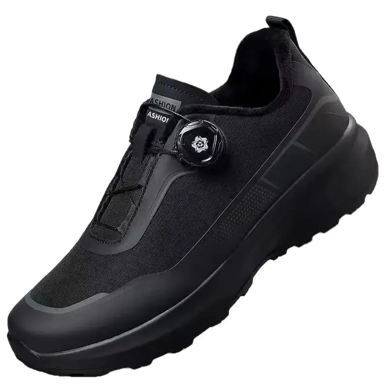 Men's Casual Running Shoes with Rotating Button Black Slip Resistant Thick Sole Outdoor Sports Sneakers for Commuting