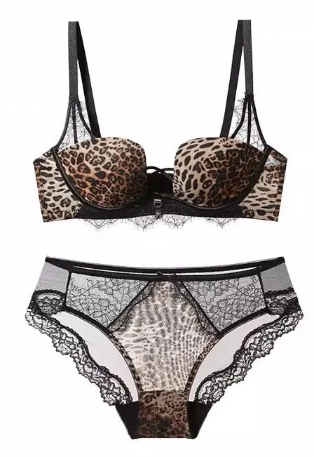 Fashion Leopard Bra Set Lift Up Support Push Up Soft Lace French Style for Ladies Home Daily Casual Wear All Seasons S-XL Suit