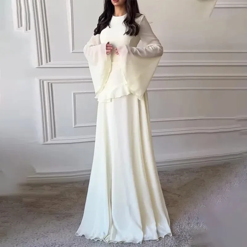 女士雪紡純色荷葉邊連身裙喇叭袖圓領 2025 新款優雅長袍晚會時尚度假女士