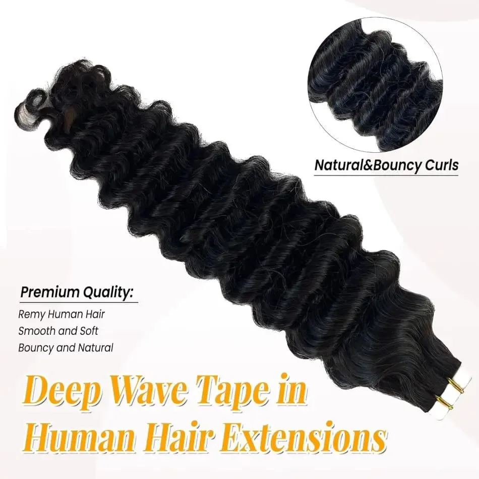Páska s hlubokými vlnami v prodloužení 100% lidské vlasy Páska s hlubokými kudrnatými vlasy na prodloužení vlasů Skin Weft Remy Natural Hair Extensions #1B