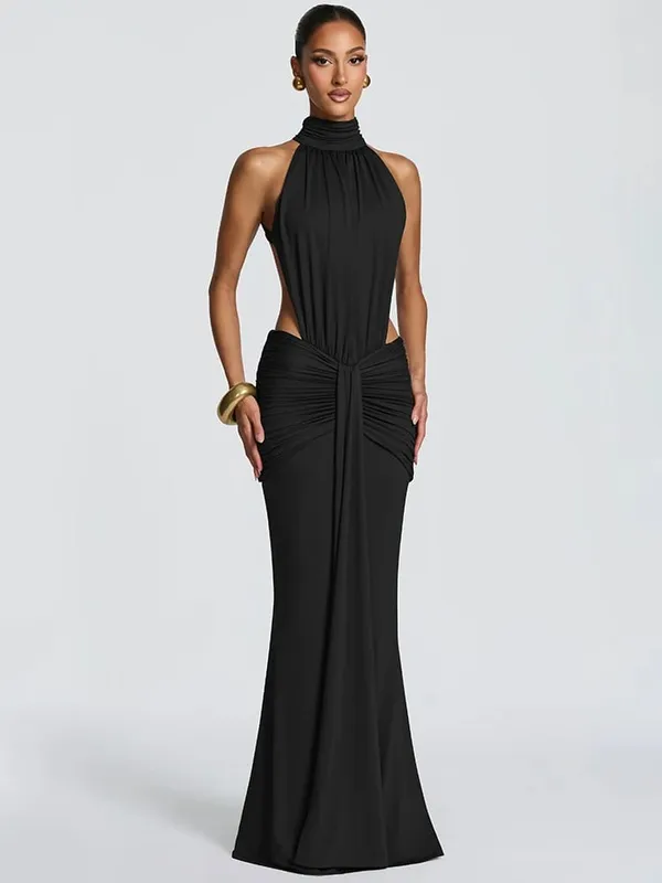 Mozision Turtleneck Backless Sexy Maxi Dress Women Gown Elegant Off-shoulder Sleeveless Ruched Bodycon Club Party Long Dress