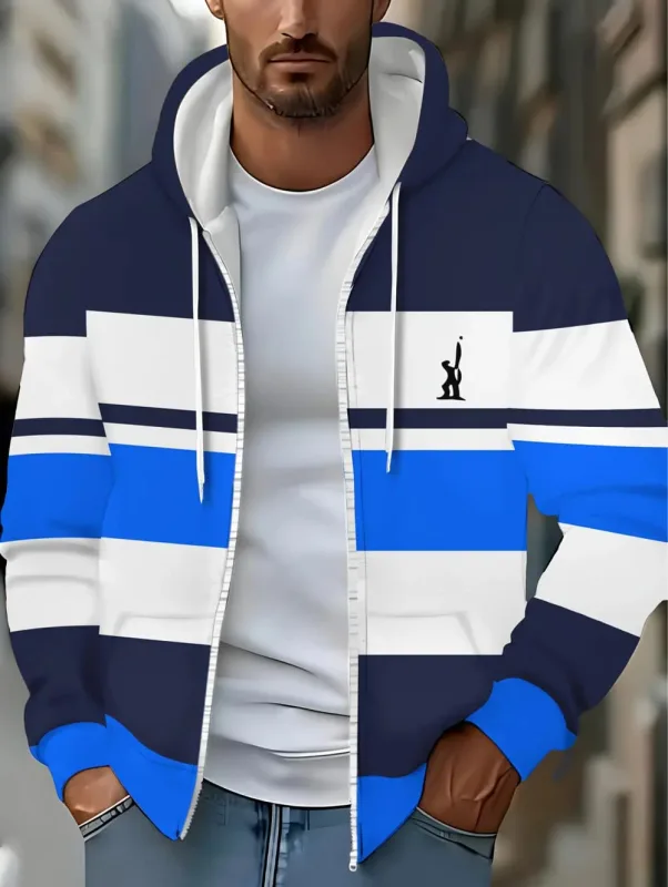 Hoodies for Man Striped Print Full Zip Sweatshirt Outdoor Wear Man Hoodie Fashion Casual Loose Sports Tops Pullover Man Clothing